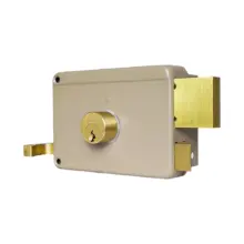Beige metal lock box with a brass circular lock cylinder and two brass sliding bolts on the side.
