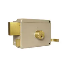 Beige metal mortise lock with a brass cylindrical deadbolt and side latch, shown from the side.