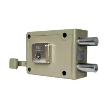 Beige safe lock with a central key cylinder and three chrome locking bolts on the right side.