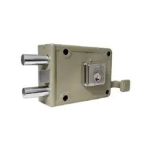 Beige rectangular lock mechanism with two silver bolts protruding from the side and a central key lock panel