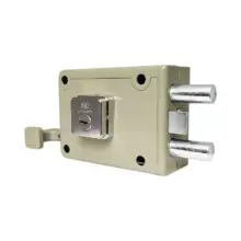 Beige rectangular door lock mechanism with two cylindrical steel bolts extending from the right side and a small lever on the left.