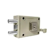 Beige surface-mounted lock with two silver bolts extending left and a key-operated cylinder on the front, showing a latch handle on the right.