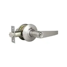 Stainless steel door lever with a keyed deadbolt and mounting plate on the left side