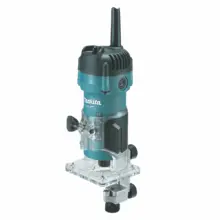 Blue Makita compact router with clear base plate and adjustable knobs for woodworking routing.