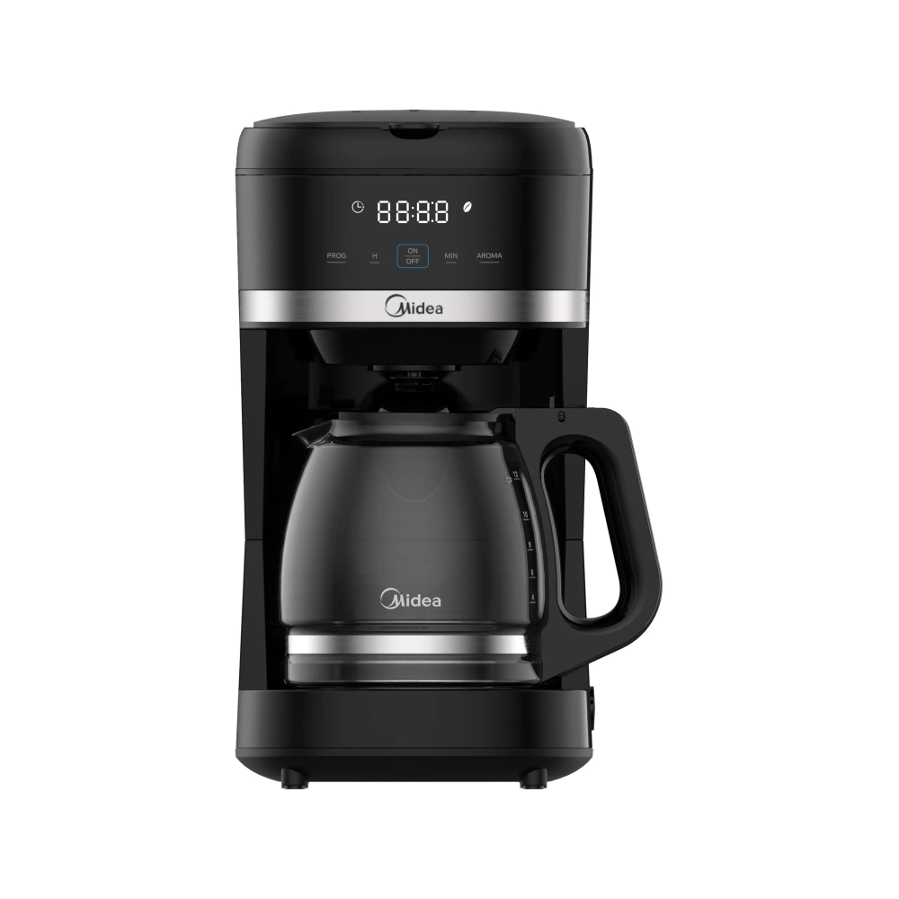 Black Midea drip coffee maker with glass carafe and digital display for brewing coffee