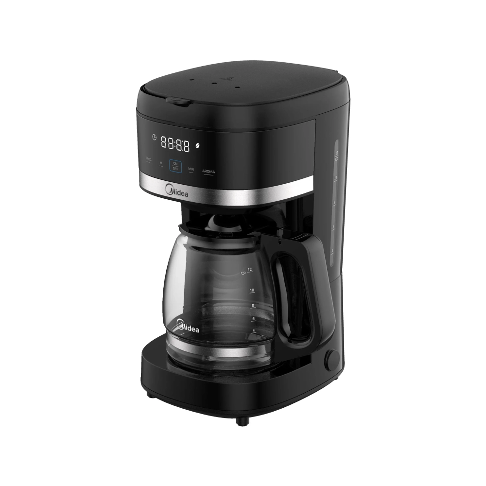 Black Midea drip coffee maker with glass carafe and digital display on the front panel ready for brewing