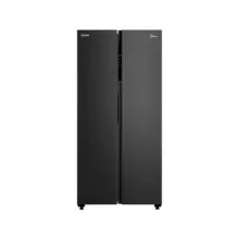 Side-by-side black stainless steel refrigerator with two vertical doors and slim central hinge area