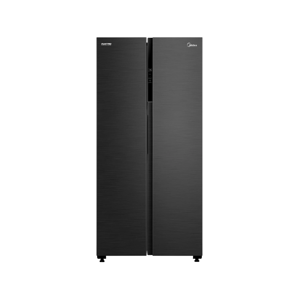 Side by side black stainless steel refrigerator with two vertical doors and slim central hinge area