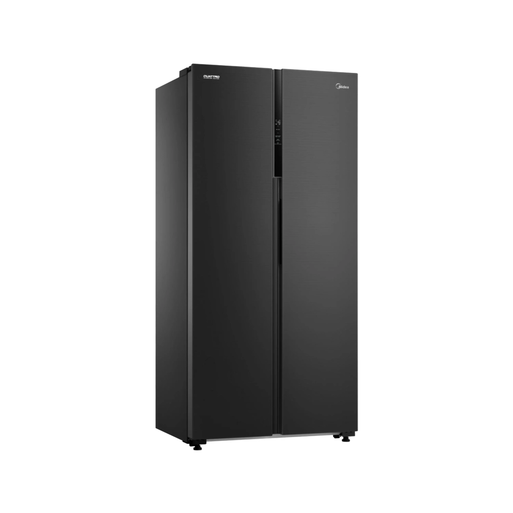 Black stainless steel side by side refrigerator with two tall doors and a slim central control panelice dispenser area