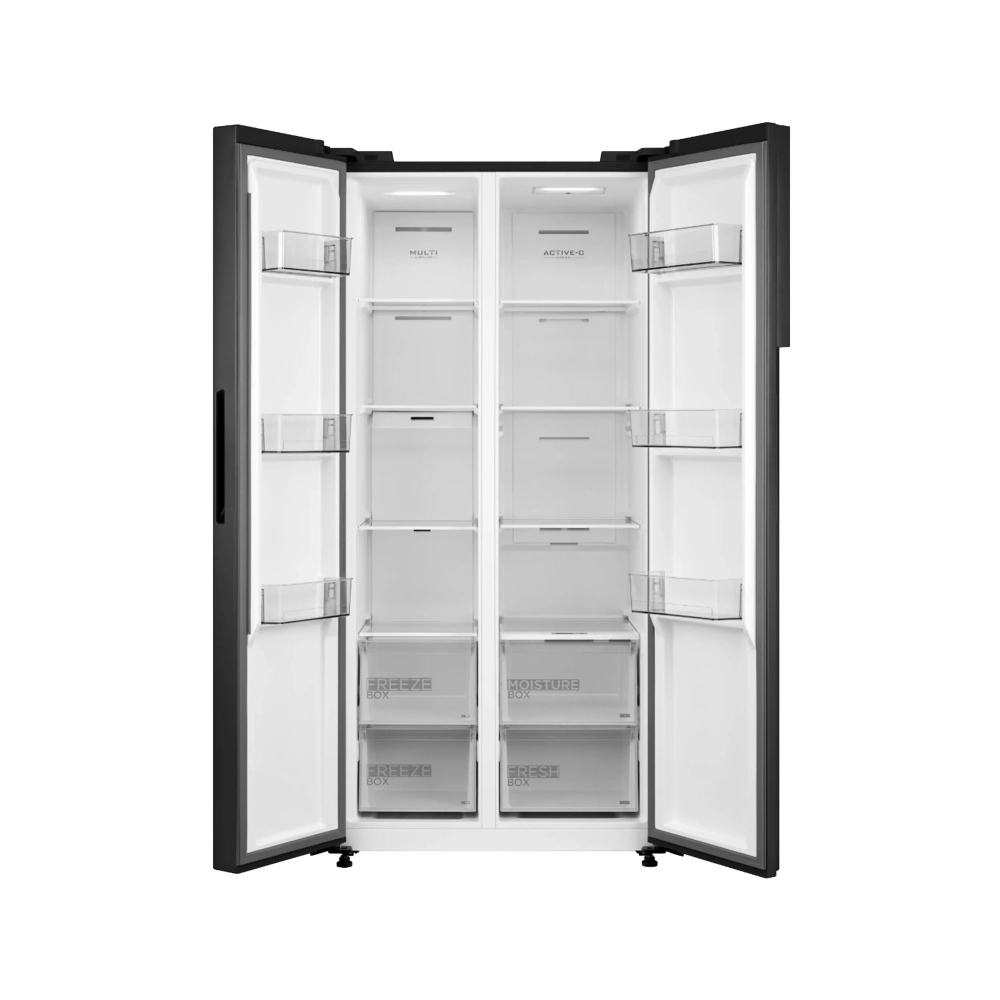 Open double door refrigerator with multiple shelves and bottom drawers visible inside the spacious interior