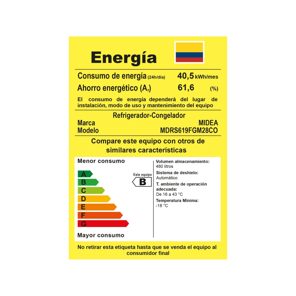 Etiqueta amarilla de eficiencia energética para refrigerador consumo 405 kWhmes clase B modelo MDRS619FGM28CO escala AG