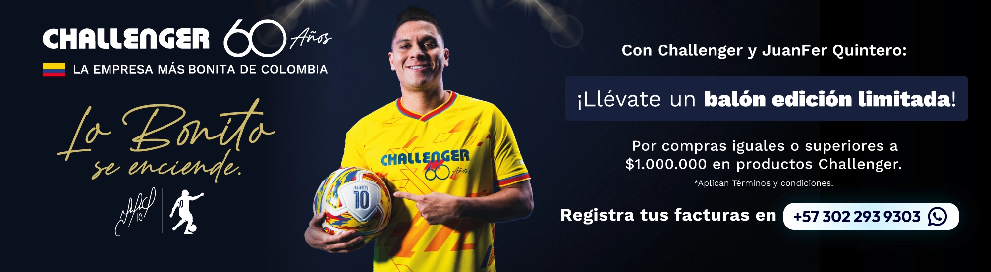 Banner publicitario de Challenger celebrando 60 años; futbolista con balón amarillo y texto promocional en español.